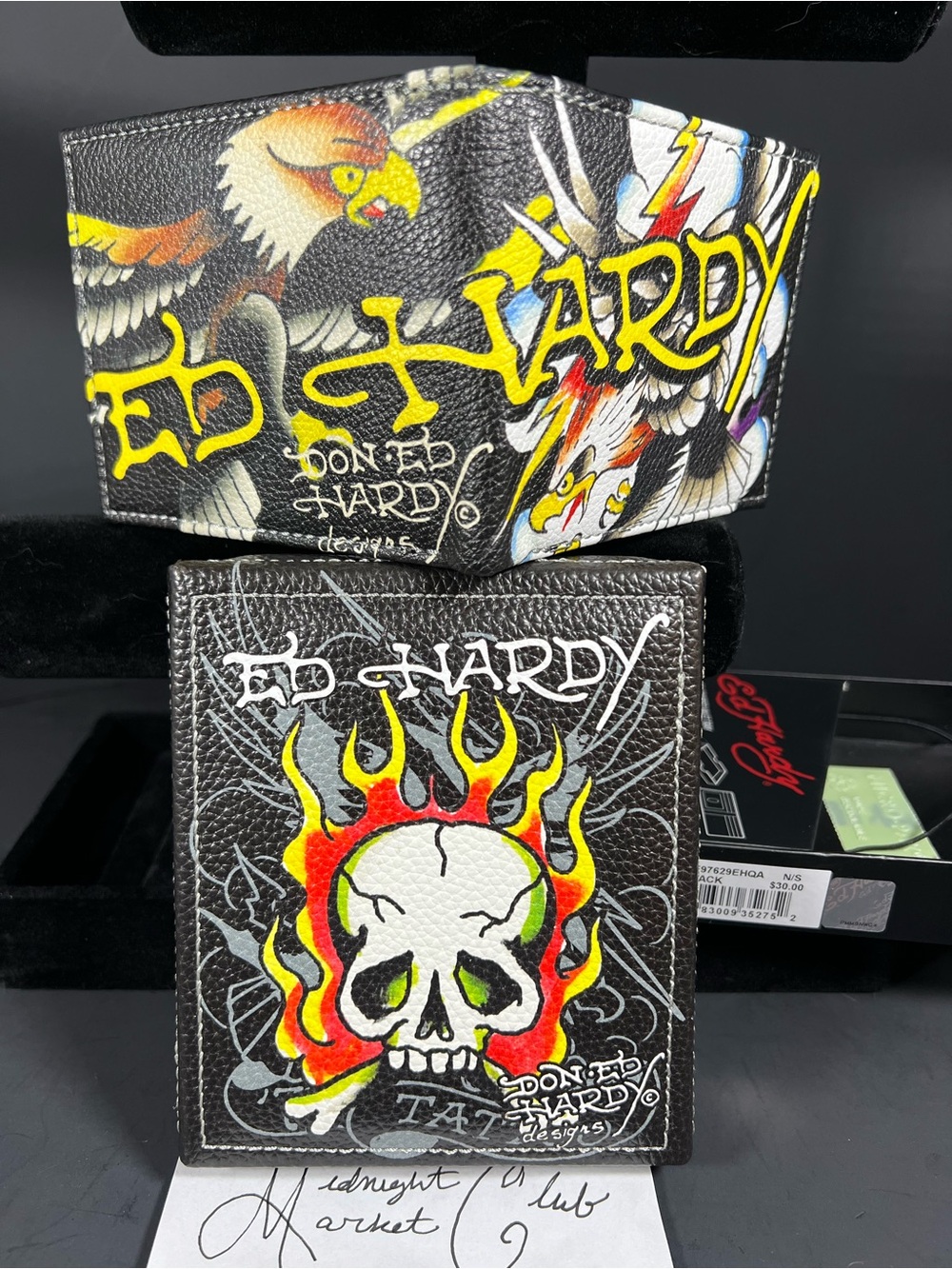 Ed Hardy Eagle Tattoo Bifold Wallet Black Faux Leather NIB Skull Gift Set